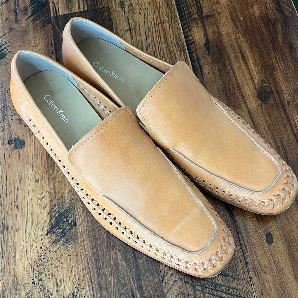 Calvin Klein Men’s 12 Tan Leather Loafers Weaved Beachy